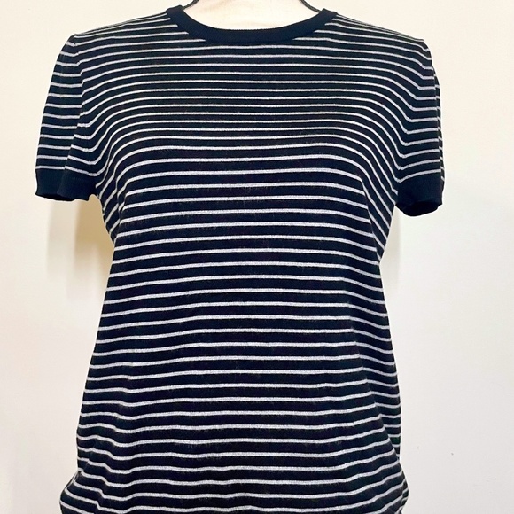 Premise / Black & White Striped / Short Sleeve Sweater w Gold Exposed Zipper / M - Picture 1 of 5